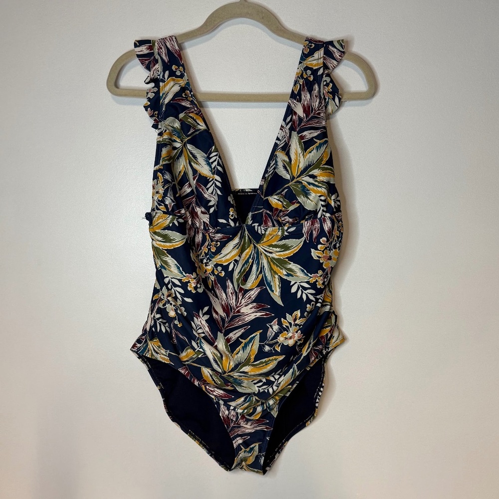 New ANNE COLE Navy Blue Floral Leaf Ruched One Piece Swimsuit